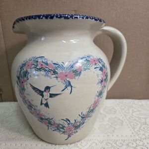 1998 Home & Garden Stoneware Pitcher Hummingbird Floral Vase